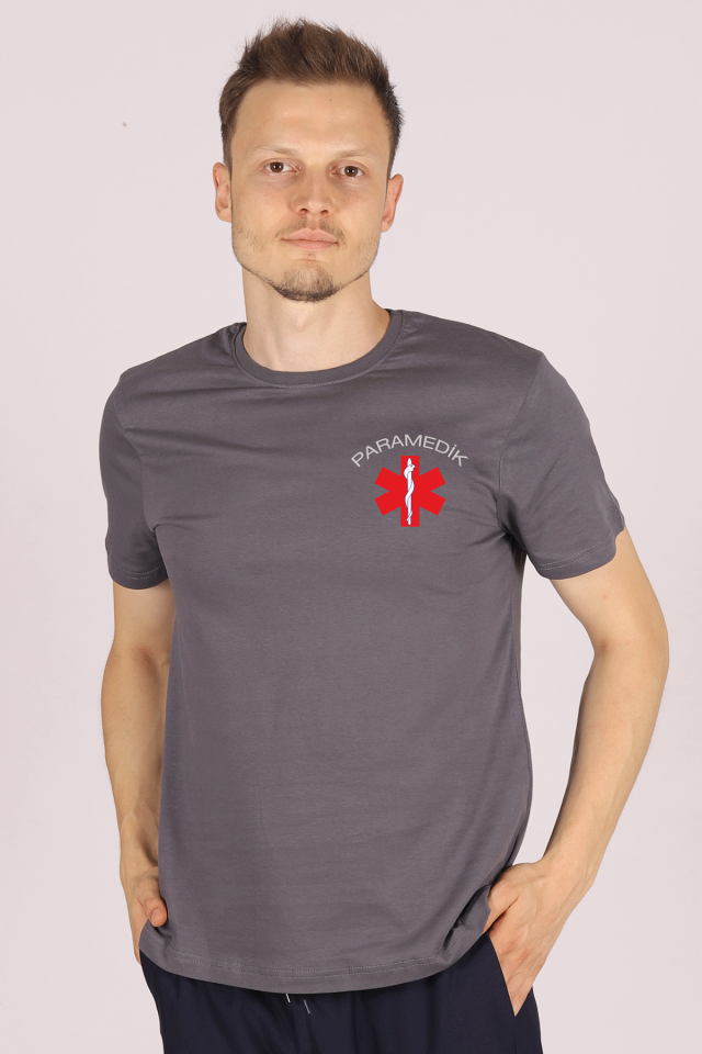 Gri Paramedik Bisiklet Yaka Penye Tişört Unisex