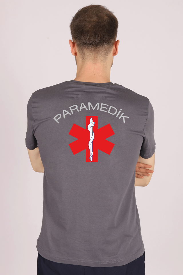 Gri Paramedik Bisiklet Yaka Penye Tişört Unisex