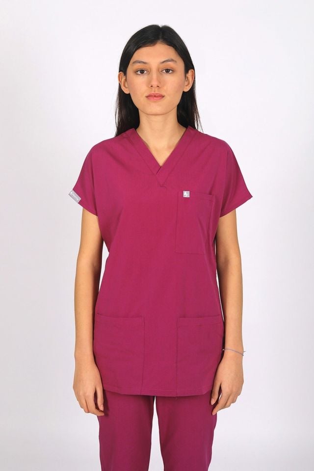 Vişne Likralı Scrubs Doktor Hemşire Forması Yarasa Kol Tek Üst Unisex M