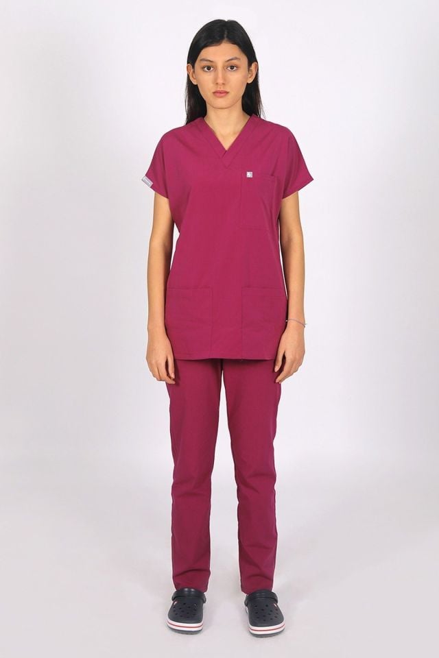 Vişne Likralı Scrubs Doktor Hemşire Forması Yarasa Kol Tek Üst Unisex M