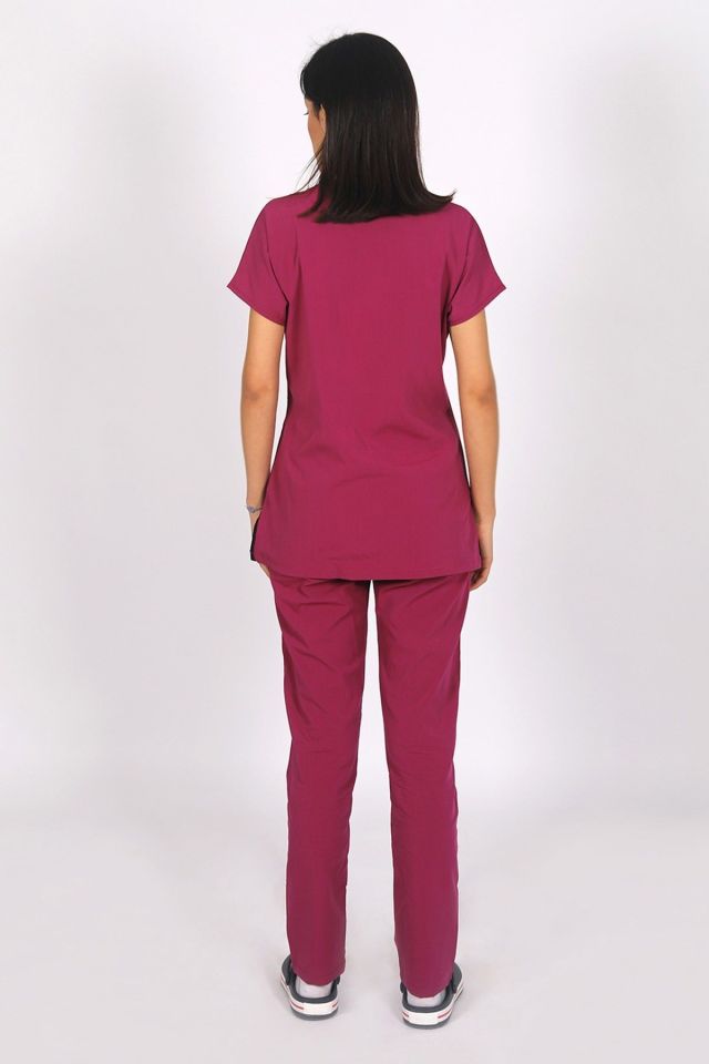 Vişne Likralı Scrubs Doktor Hemşire Forması Yarasa Kol Tek Üst Unisex XL