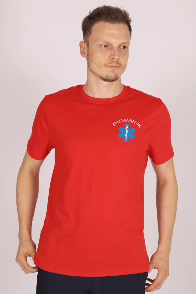Kırmızı Paramedik Bisiklet Yaka Penye Tişört Unisex