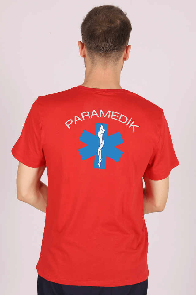 Kırmızı Paramedik Bisiklet Yaka Penye Tişört Unisex