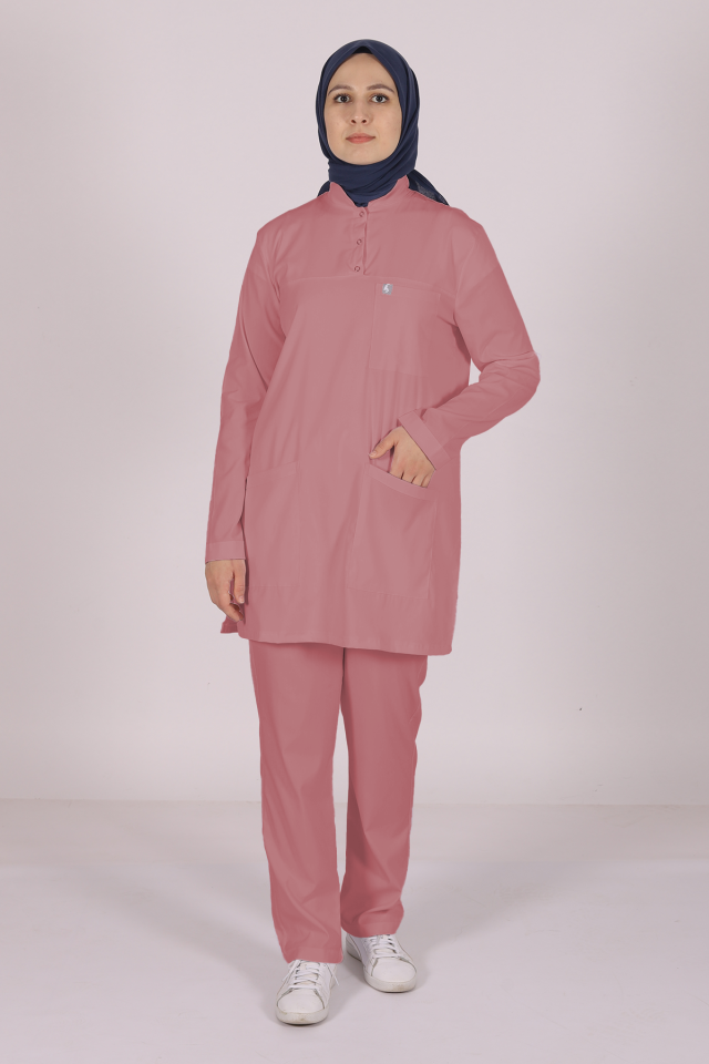 Gül Kurusu Likralı Tesettür Scrubs Doktor Hemşire Forması Takım 2XL
