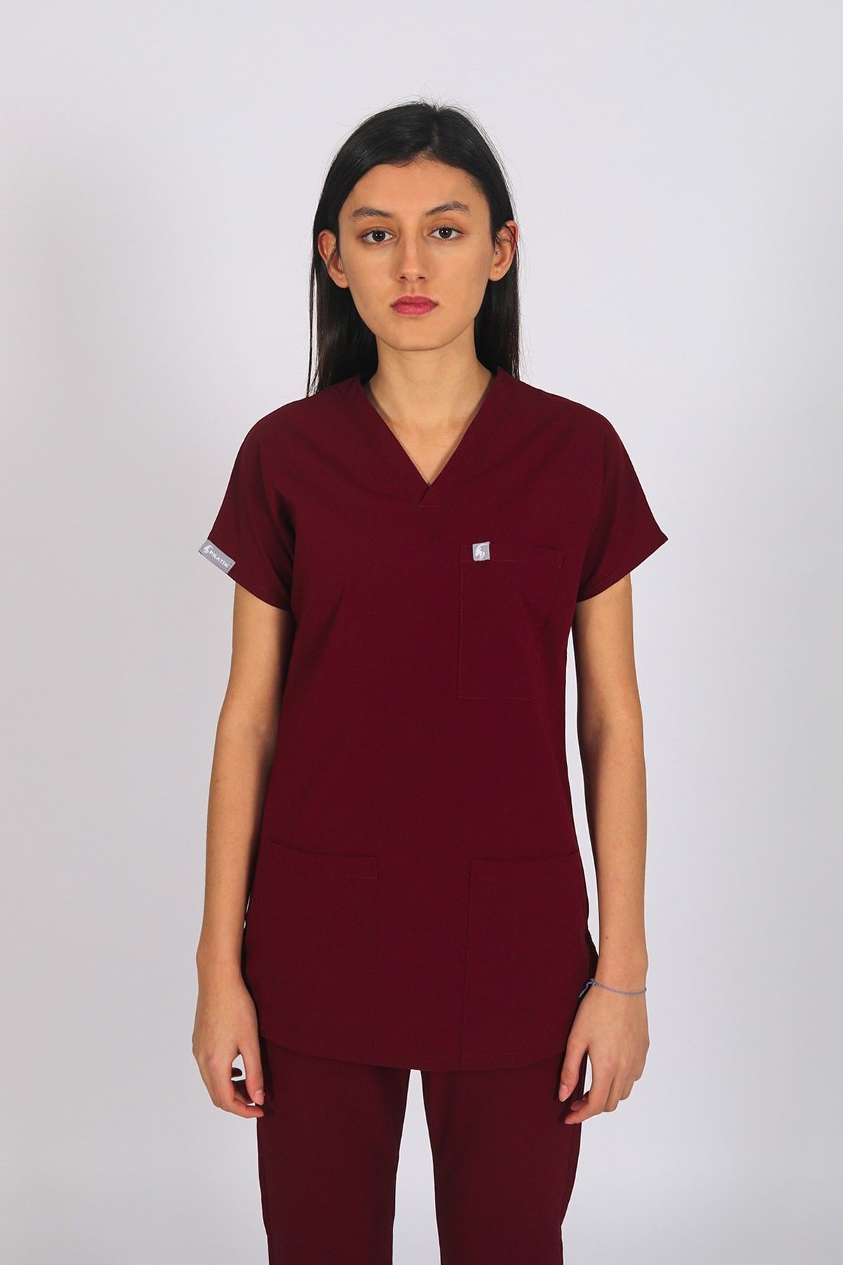 Bordo Likralı Scrubs Doktor Hemşire Forması Yarasa Kol Tek Üst Unisex XXS