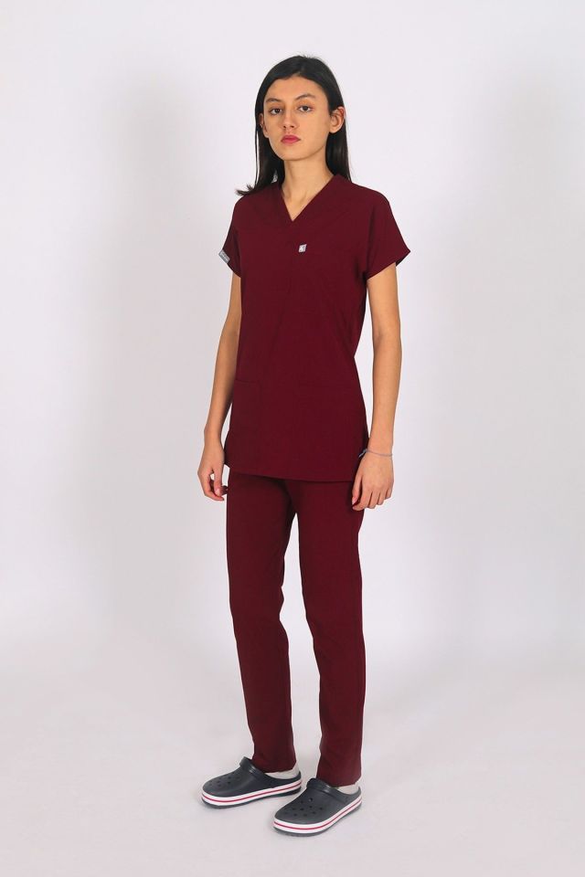 Bordo Likralı Scrubs Doktor Hemşire Forması Yarasa Kol Tek Üst Unisex XXS
