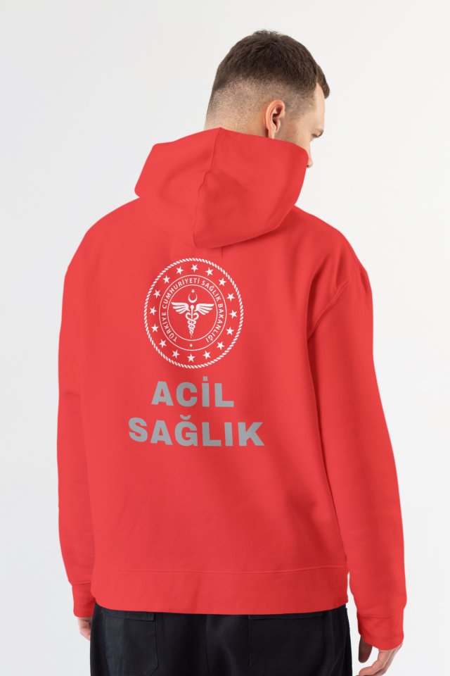Kırmızı 112 Acil Sağlık Kapüşonlu Sweatshirt Unisex