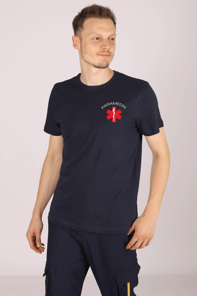 Lacivert Paramedik Bisiklet Yaka Penye Tişört Unisex