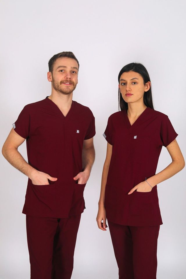 Bordo Likralı Scrubs Doktor Hemşire Forması Yarasa Kol Tek Üst Unisex XL