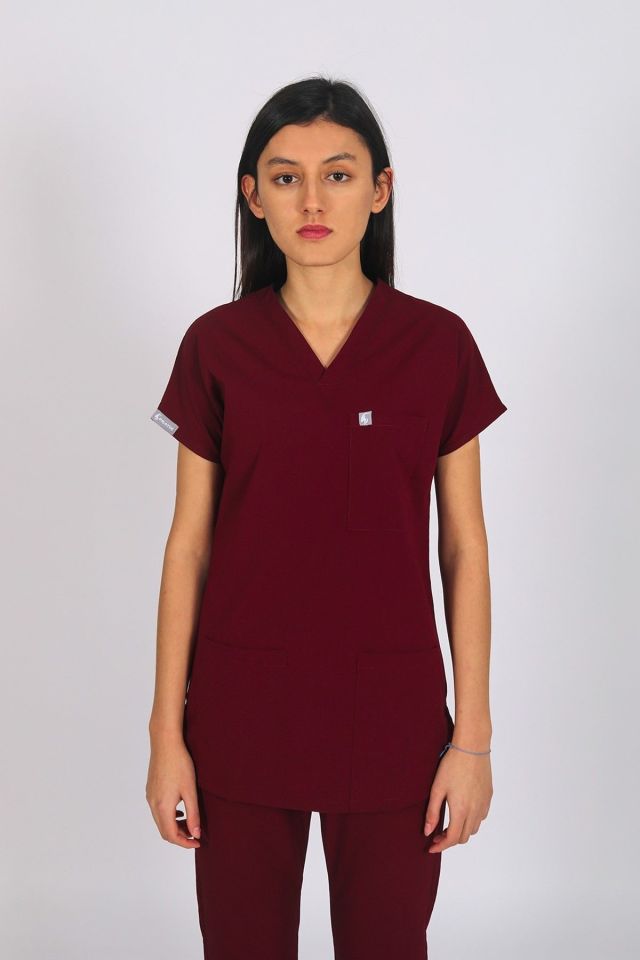 Bordo Likralı Scrubs Doktor Hemşire Forması Yarasa Kol Tek Üst Unisex XXL