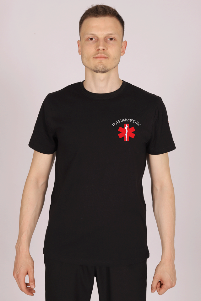 Siyah Paramedik Bisiklet Yaka Tişört Unisex XL