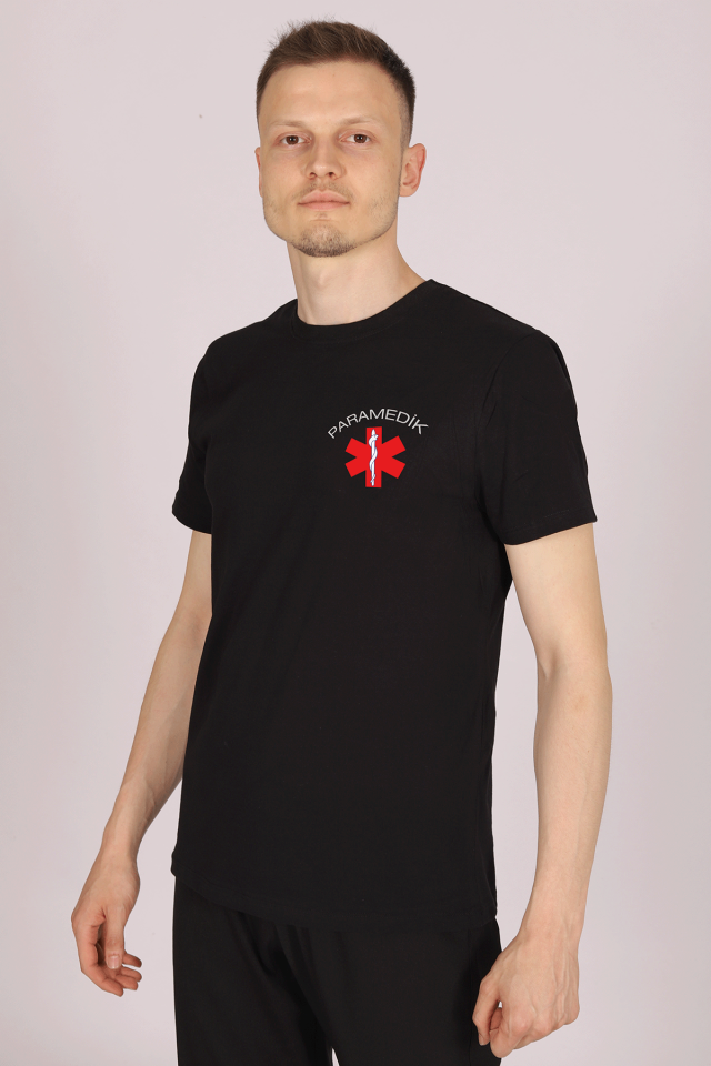 Siyah Paramedik Bisiklet Yaka Penye Tişört Unisex