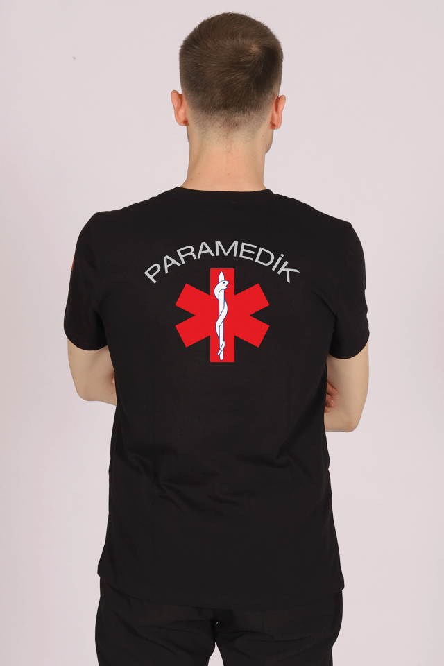 Siyah Paramedik Bisiklet Yaka Penye Tişört Unisex M