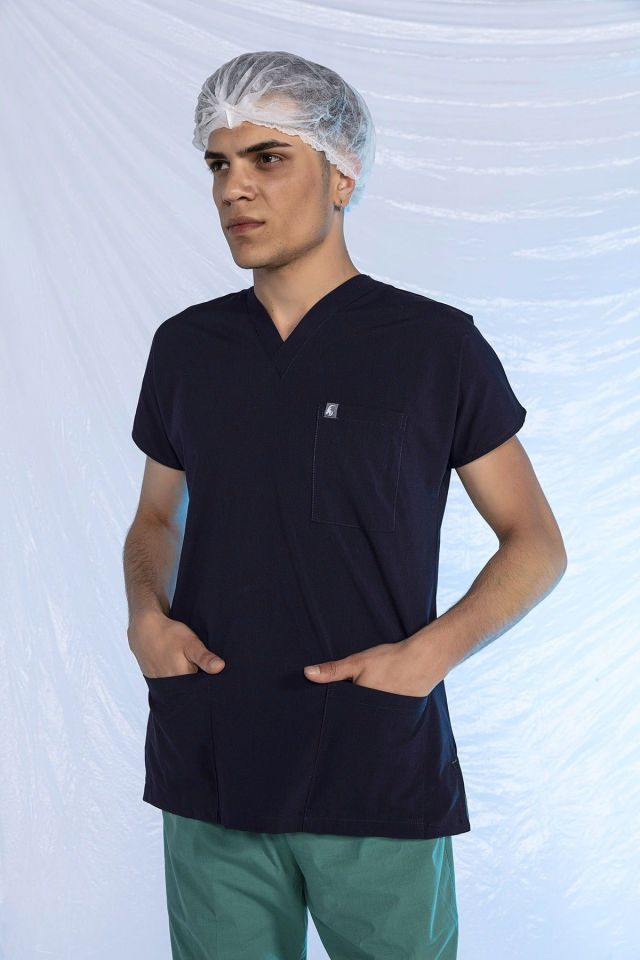 Lacivert Likralı Scrubs Doktor Hemşire Forması Yarasa Kol Tek Üst XS