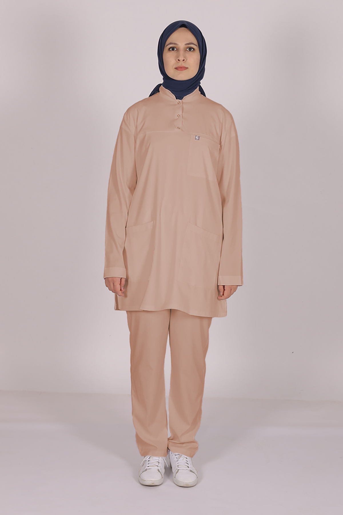 Bej Likralı Tesettür Scrubs Doktor Hemşire Forması Takım 2XL