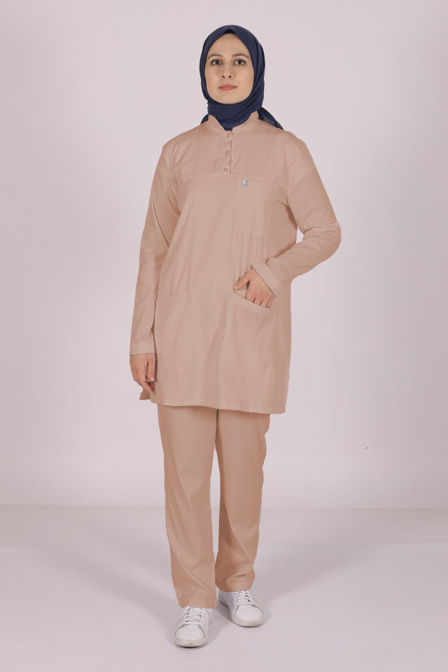 Bej Likralı Tesettür Scrubs Doktor Hemşire Forması Takım 2XL