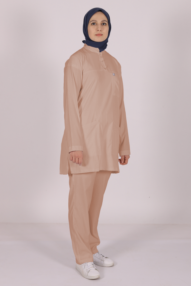 Bej Likralı Tesettür Scrubs Doktor Hemşire Forması Takım 2XL