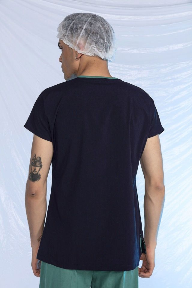 Lacivert Likralı Scrubs Doktor Hemşire Forması Yarasa Kol Tek Üst S