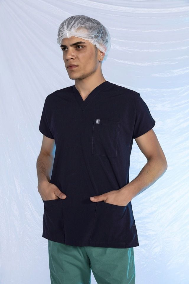 Lacivert Likralı Scrubs Doktor Hemşire Forması Yarasa Kol Tek Üst S