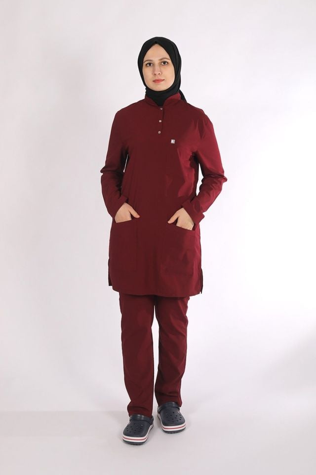 Bordo Likralı Tesettür Scrubs Doktor Hemşire Forması Takım M