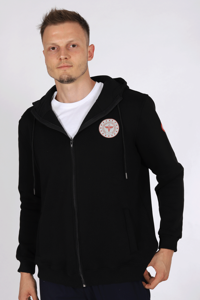 Siyah 112 Acil Sağlık Kapüşonlu Hırka Unisex S
