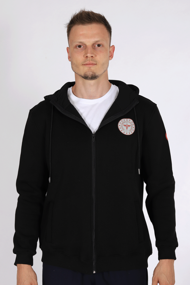 Siyah 112 Acil Sağlık Kapüşonlu Hırka Unisex