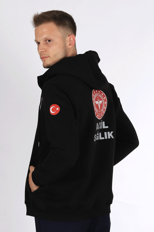 Siyah 112 Acil Sağlık Kapüşonlu Hırka Unisex
