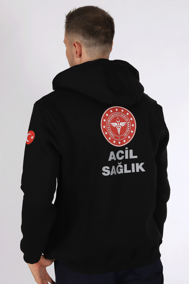 Siyah 112 Acil Sağlık Kapüşonlu Hırka Unisex S