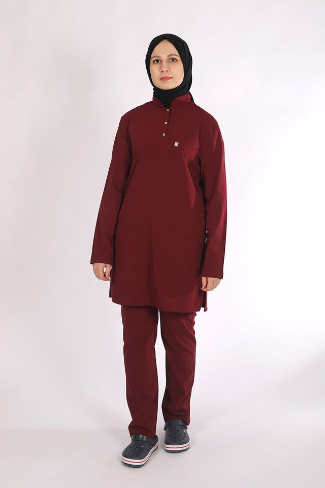 Bordo Likralı Tesettür Scrubs Doktor Hemşire Forması Takım XL
