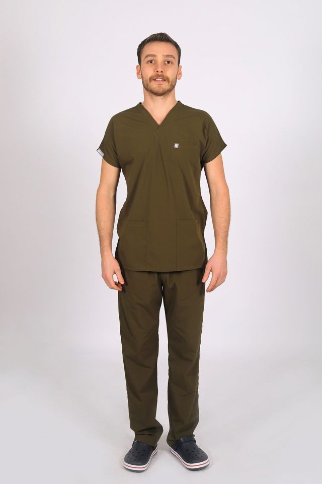 Haki Likralı Scrubs Doktor Hemşire Forması Yarasa Kol Tek Üst XXS