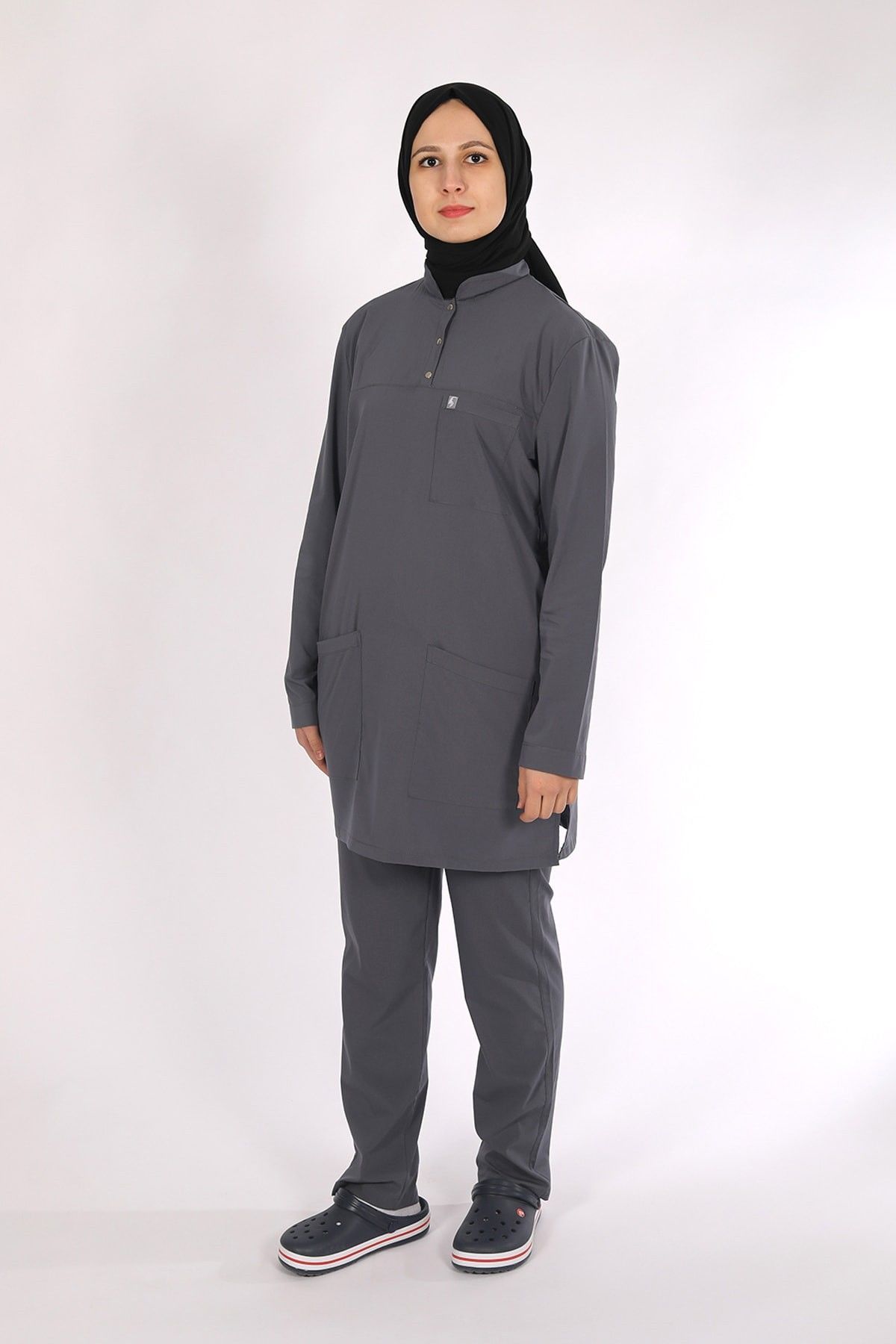 Füme Likralı Tesettür Scrubs Doktor Hemşire Forması Takım 2XL