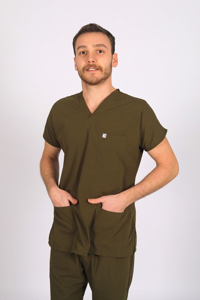 Haki Likralı Scrubs Doktor Hemşire Forması Yarasa Kol Tek Üst XL