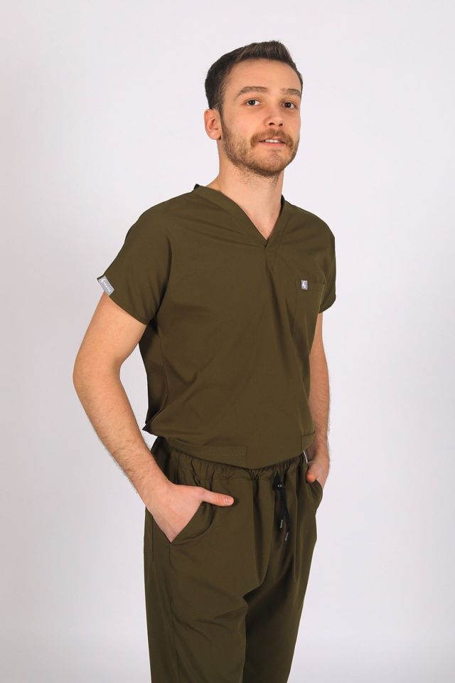 Haki Likralı Scrubs Doktor Hemşire Forması Yarasa Kol Tek Üst XL