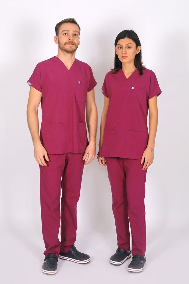 Vişne Likralı Scrubs Doktor Hemşire Forması Yarasa Kol Tek Üst XXS