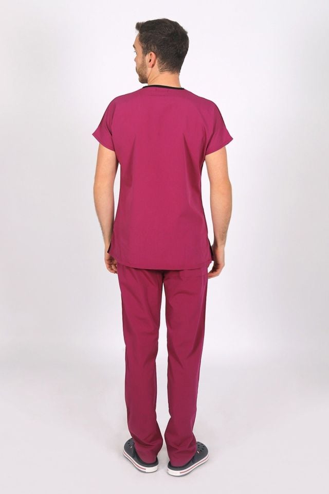 Vişne Likralı Scrubs Doktor Hemşire Forması Yarasa Kol Tek Üst XXS