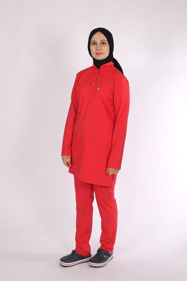Nar Çiçeği Likralı Tesettür Scrubs Doktor Hemşire Forması Takım S