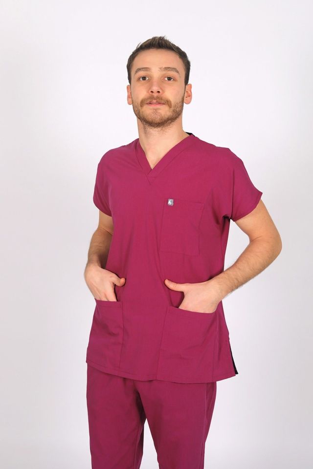 Vişne Likralı Scrubs Doktor Hemşire Forması Yarasa Kol Tek Üst L