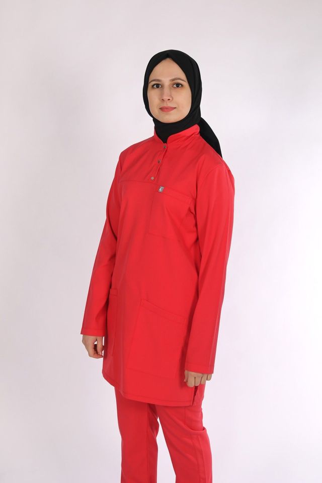 Nar Çiçeği Likralı Tesettür Scrubs Doktor Hemşire Forması Takım 2XL