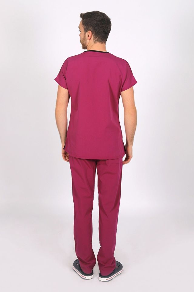 Vişne Likralı Scrubs Doktor Hemşire Forması Yarasa Kol Tek Üst XXL