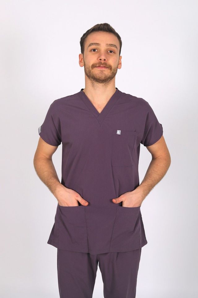 Mürdüm Likralı Scrubs Doktor Hemşire Forması Yarasa Kol Tek Üst XS