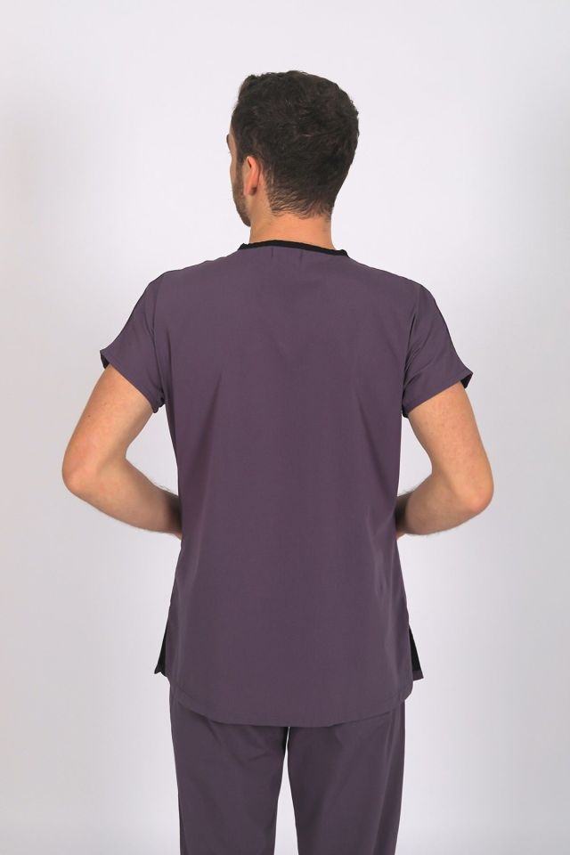 Mürdüm Likralı Scrubs Doktor Hemşire Forması Yarasa Kol Tek Üst XXL