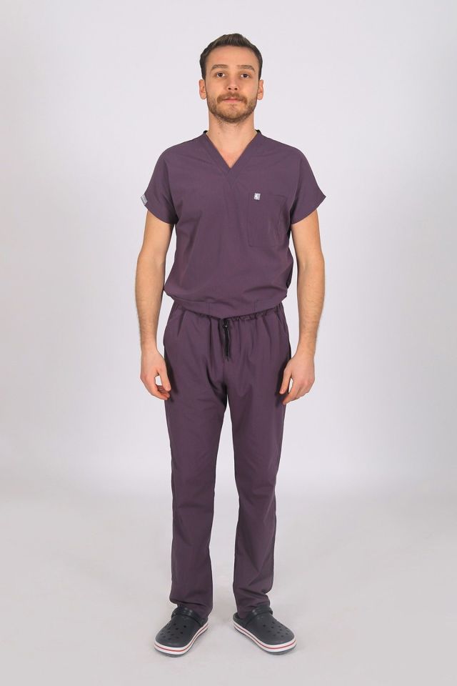 Mürdüm Likralı Scrubs Doktor Hemşire Forması Yarasa Kol Tek Üst XXL