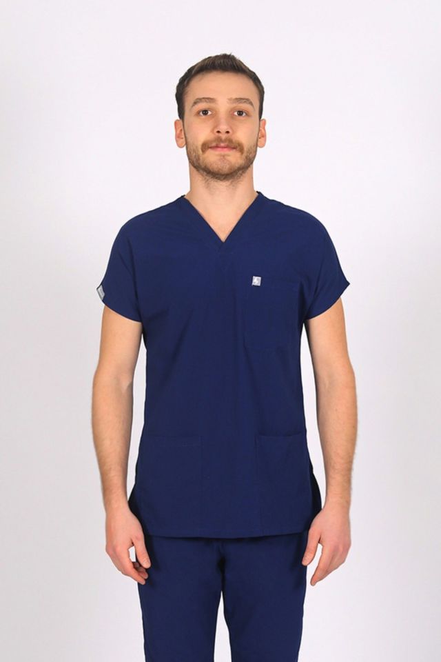 Saks Mavi Likralı Scrubs Doktor Hemşire Forması Yarasa Kol Tek Üst XS