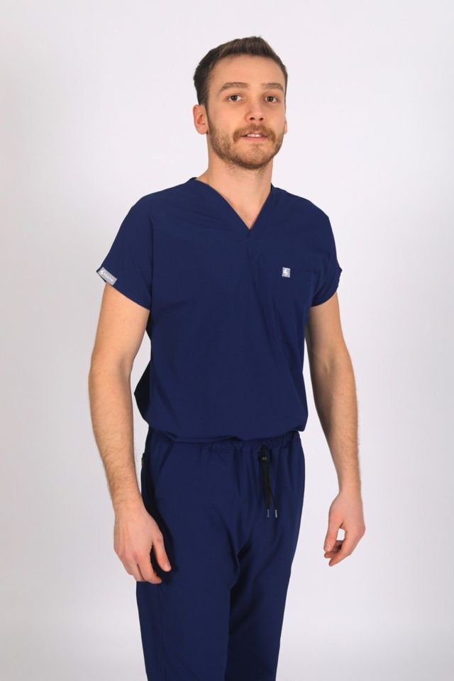 Saks Mavi Likralı Scrubs Doktor Hemşire Forması Yarasa Kol Tek Üst L