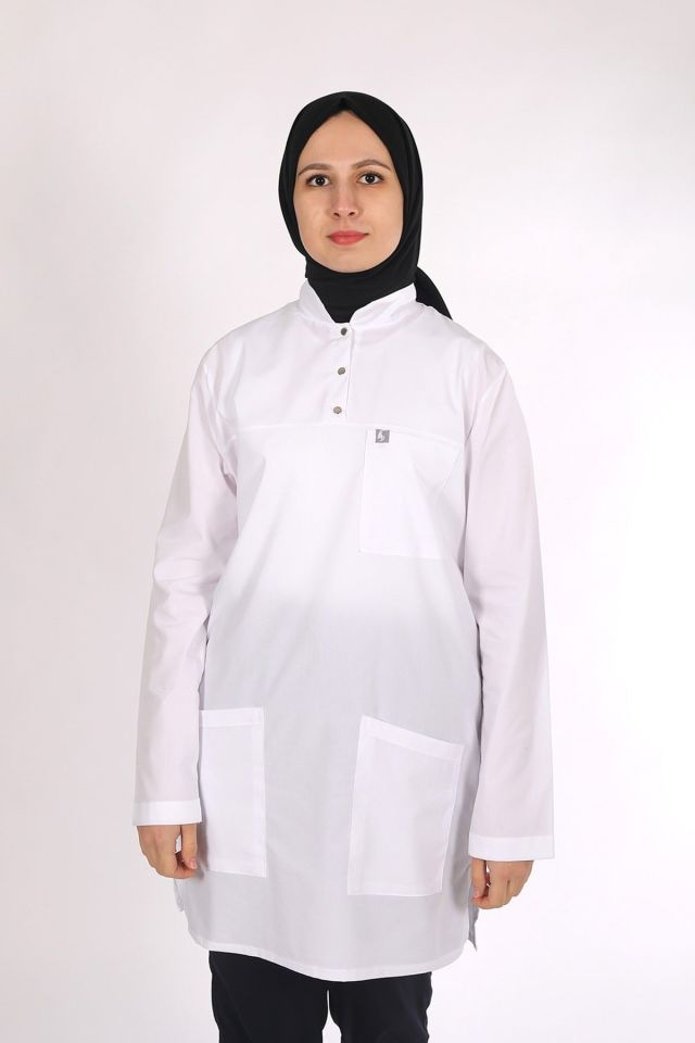 Beyaz - Lacivert Likralı Tesettür Scrubs Doktor Hemşire Forması Takım L