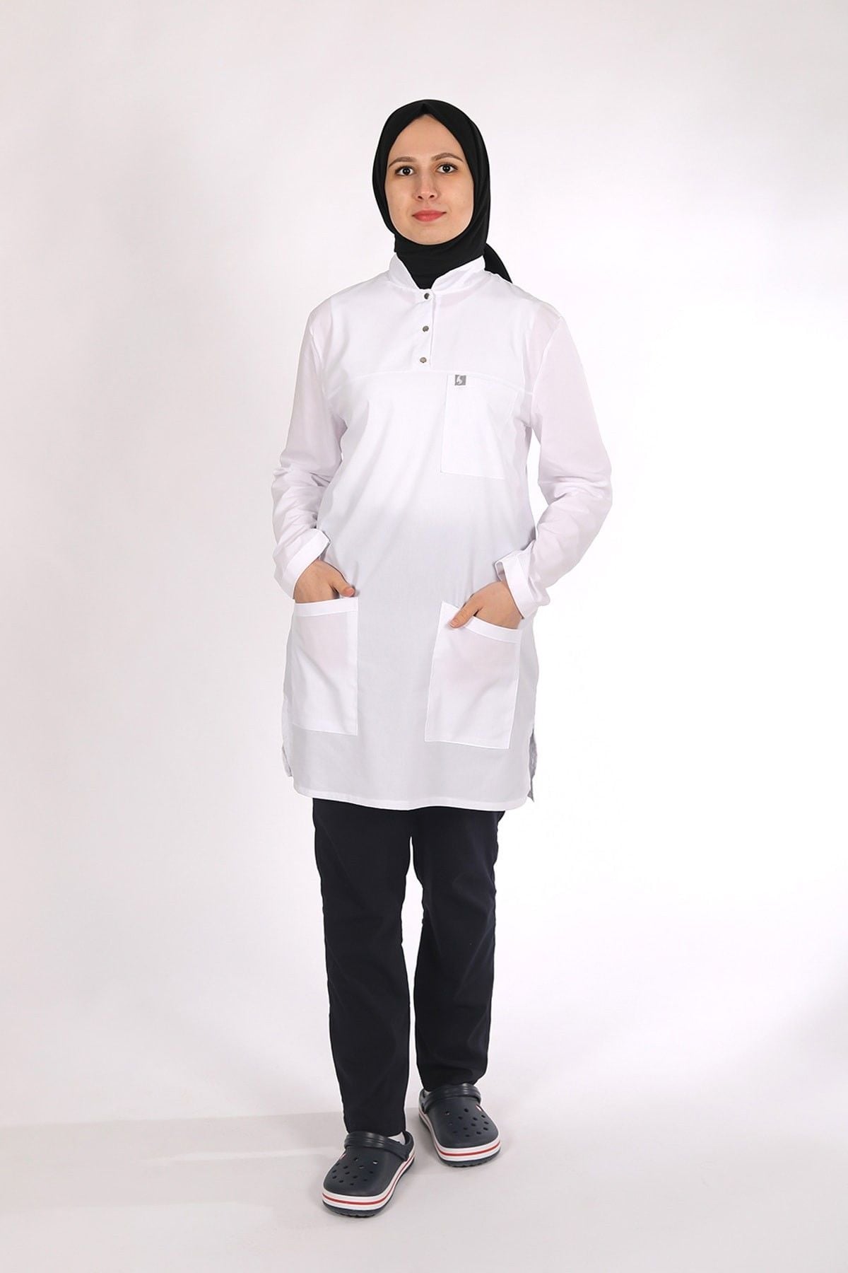 Beyaz - Lacivert Likralı Tesettür Scrubs Doktor Hemşire Forması Takım 2XL