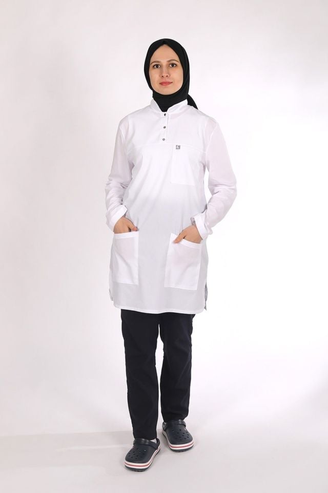 Beyaz - Lacivert Likralı Tesettür Scrubs Doktor Hemşire Forması Takım 2XL