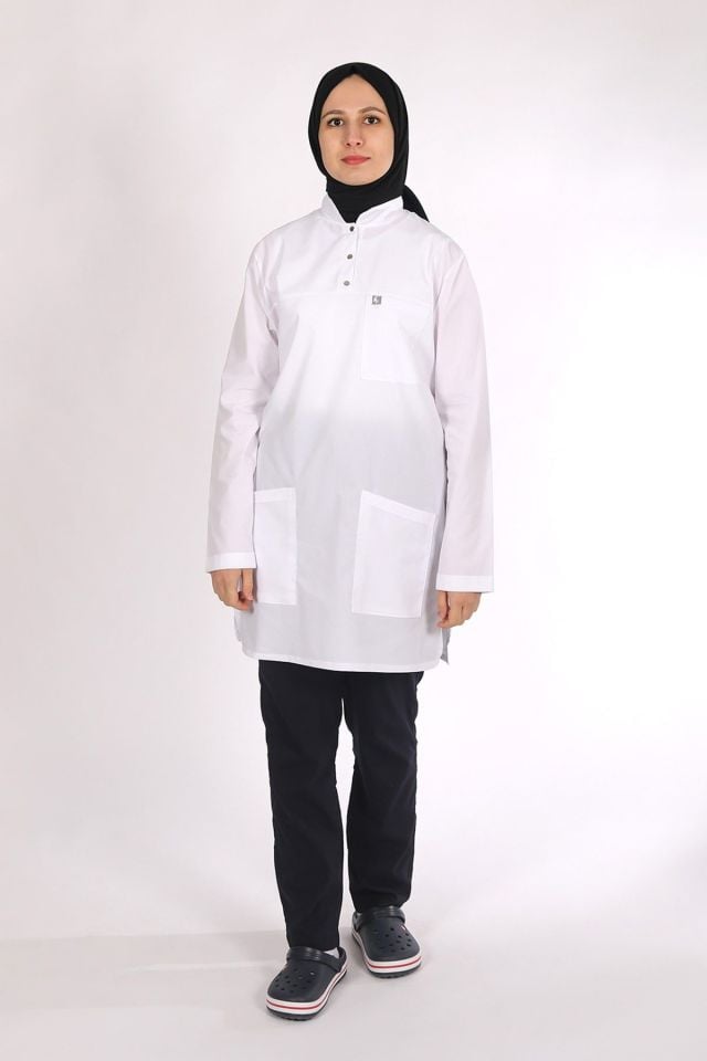 Beyaz - Lacivert Likralı Tesettür Scrubs Doktor Hemşire Forması Takım 2XL