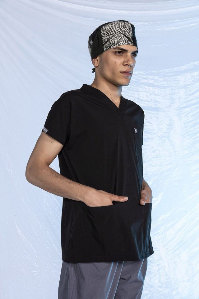 Siyah Likralı Scrubs Doktor Hemşire Forması Yarasa Kol Tek Üst XXS