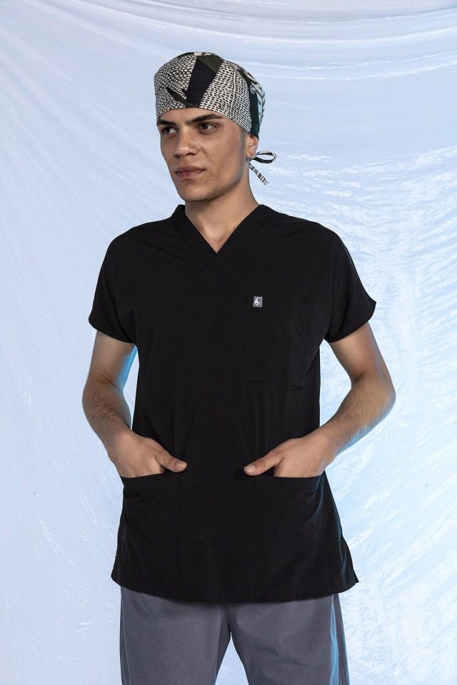 Siyah Likralı Scrubs Doktor Hemşire Forması Yarasa Kol Tek Üst XL